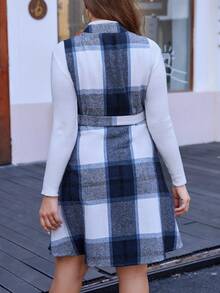 EMERY ROSE Plus Plaid Print Belted Dress Without Tee - Navy Blue - View 2