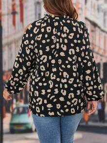 Plus Leopard Print Frill Trim Lantern Sleeve Blouse - Khaki - View 2