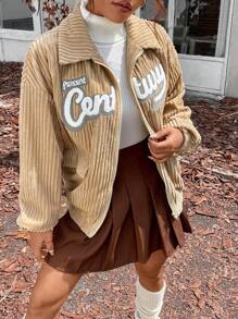 SHEIN Unity Letter Patched Flap Detail Drop Shoulder Corduroy Jacket Fall Cloth For Women - Apricot - View 3