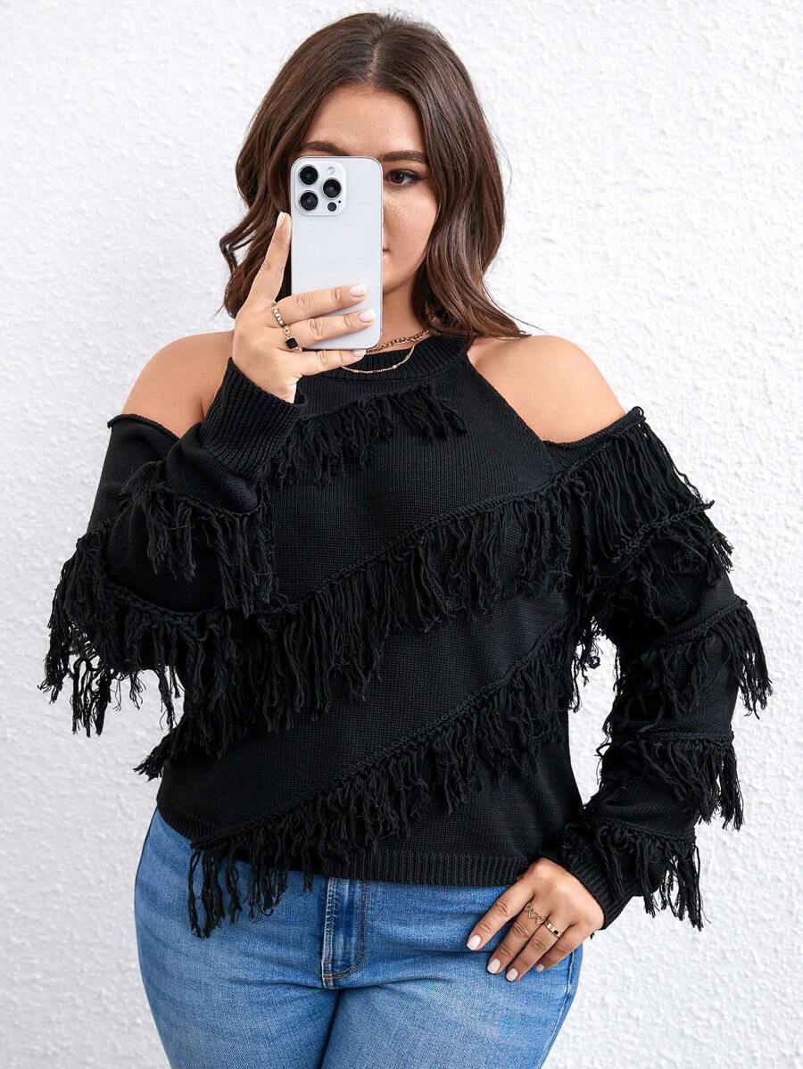 SHEIN LUNE Plus Cold Shoulder Fringe Trim Sweater Knit Pullover Fall Winter Sweater - Black - View 1