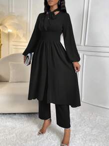 SHEIN Lady Cà vạt Tay áo lồng đèn Viền chia cắt Áo thun & Quần - màu đen - Xem 3