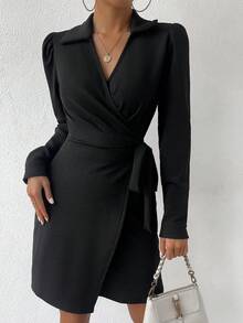 SHEIN Unity Solid Knot Side Wrap Dress - Black - View 4