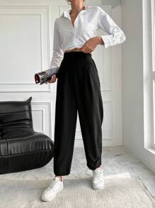 RueChic High Waist Button Detail Suit Pants - Black - View 1