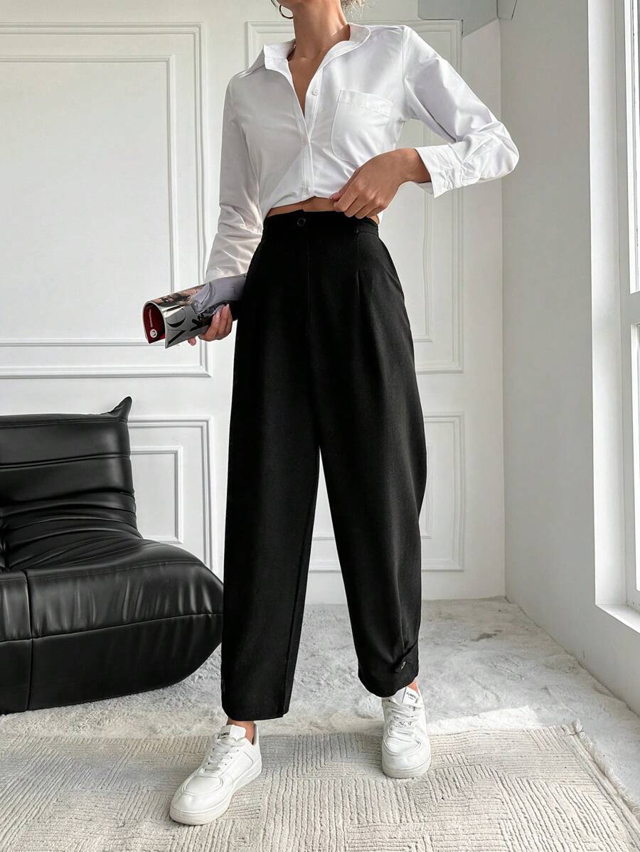 RueChic High Waist Button Detail Suit Pants - Black - View 1