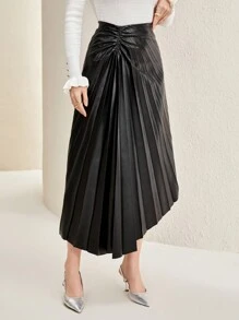 Modelyn Ruched Asymmetrical Hem PU Leather Pleated Skirt - Black - View 5