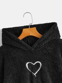 SHEIN LUNE Heart Embroidery Drop Shoulder Teddy Hoodie - Black - View 4
