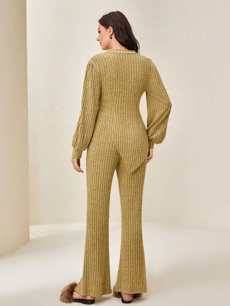 Asymmetrical Neck Lantern Sleeve Top & Split Hem Pants Without Belt 2 Piece Set Fall Cloth For Women