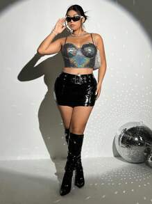 SHEIN ICON Plus Belted PU Leather Bodycon Skirt - Black - View 4