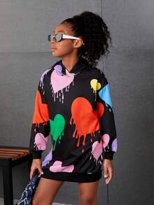 Tween Girl Heart Print Drop Shoulder Hooded Sweatshirt Dress - Black - View 6