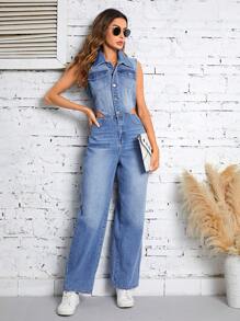 SHEIN LUNE Cutout Waist Flap Pocket Button Front Denim Jumpsuit - Medium Wash - View 1