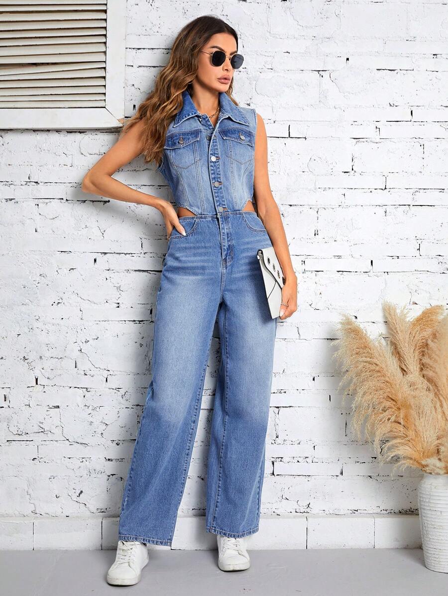 SHEIN LUNE Cutout Waist Flap Pocket Button Front Denim Jumpsuit - Medium Wash - View 1