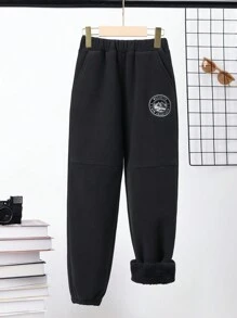 SHEIN 男大童字母圖案加絨內裏活躍衛褲 - 黑色 - 查看 1