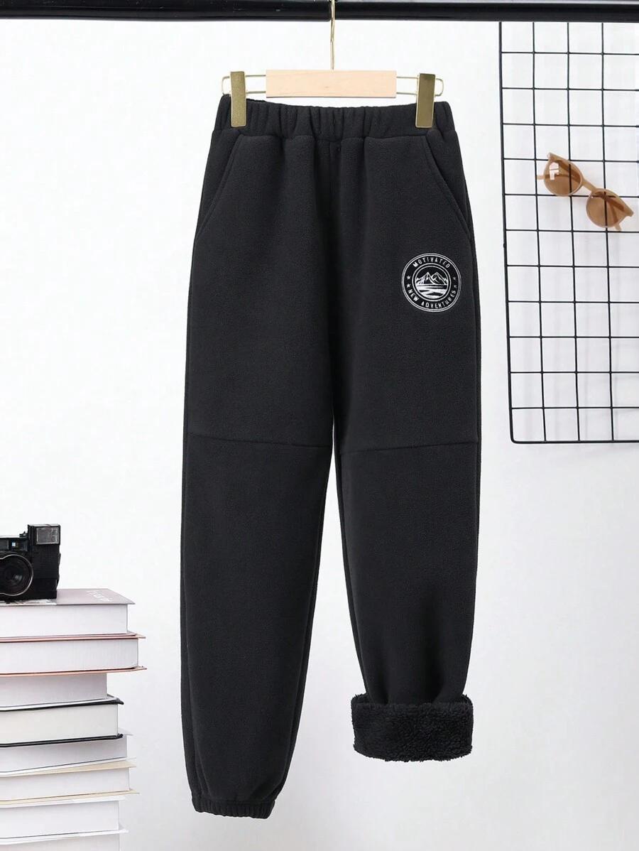 SHEIN 男大童字母圖案加絨內裏活躍衛褲 - 黑色 - 查看 1