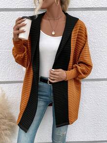 SHEIN Frenchy 雙色落肩袖連帽開門襟外套 - 卡其色 - 查看 4