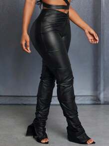 SHEIN Slayr Sexy Summer Music Festival Casual Tight-Fitting Elegant Cut Out Waist PU Leather Stacked Pants Women's Bodycon Pants - Black - View 1