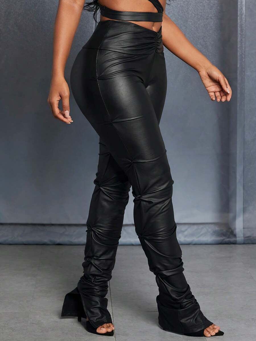SHEIN Slayr Sexy Summer Music Festival Casual Tight-Fitting Elegant Cut Out Waist PU Leather Stacked Pants Women's Bodycon Pants - Black - View 1