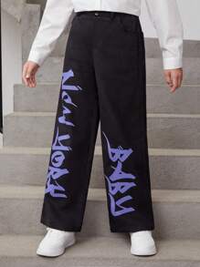 Tween Girl Letter Graphic Wide Leg Pants - Black - View 3