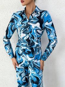 SHEIN Essnce Marble Print Shirt & Wide Leg Pants - Blue - View 6