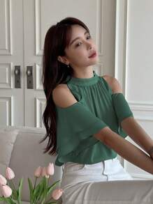 DAZY Chất rắn Lỗ khóa trở lại Vai lạnh Áo sơ mi - màu xanh lá - Xem 3