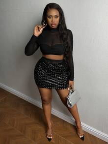 Slaydiva Plus High Waist Sequin Bodycon Skirt - Black - View 6