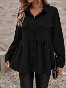 SHEIN LUNE Flap Pocket Ruffle Hem Button Front Shirt - Black - View 5