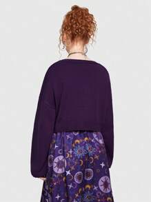 ROMWE Hippie Cárdigan con patrón de luna y estrella de hombros caídos - Morado - Ver 7