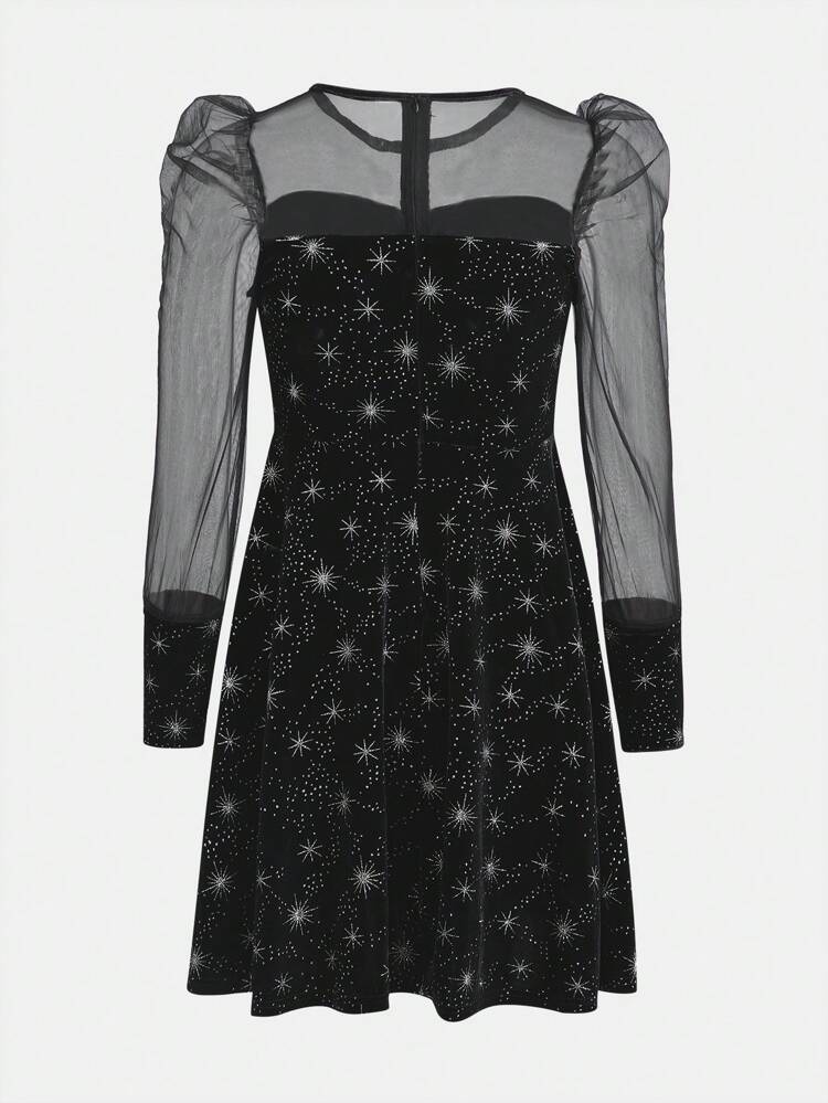 Teen Girl Glitter Contrast Mesh Velvet Dress for Christmas