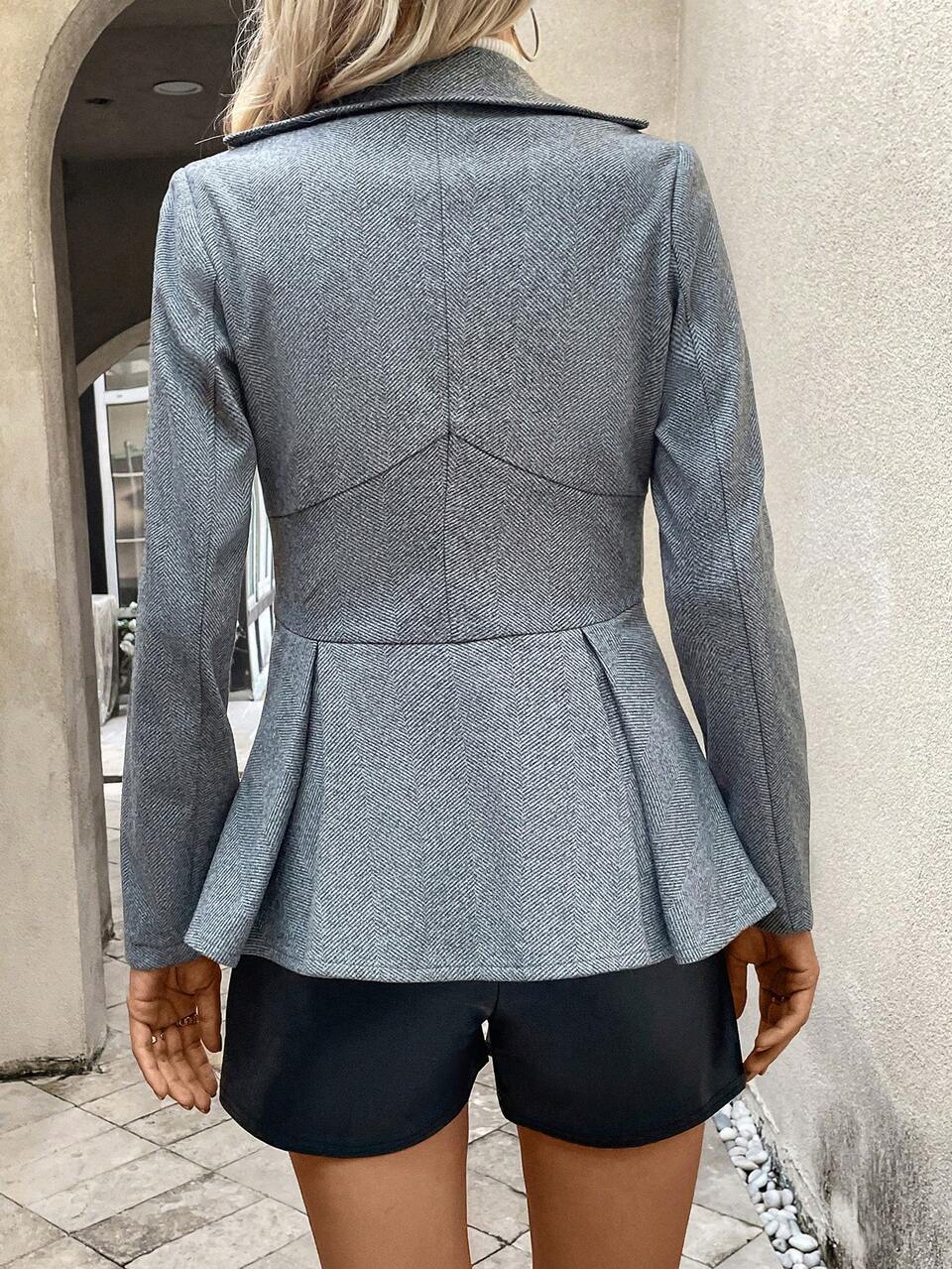 Lapel Neck Zip Up Fold Pleated Hem Jacket