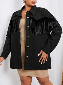 SHEIN LUNE 大碼流蘇邊落肩袖牛仔夾克 - 黑色 - 查看 2