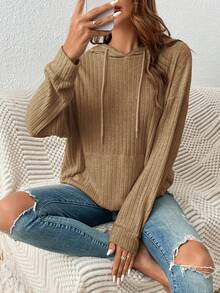 SHEIN Frenchy Kangaroo Pocket Drop Shoulder Drawstring Hoodie - Khaki - View 5