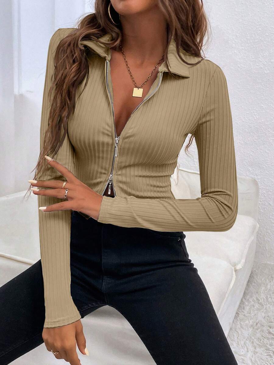 SHEIN Frenchy Ribbed Knit Zip Up Crop Tee - Camel - View 1