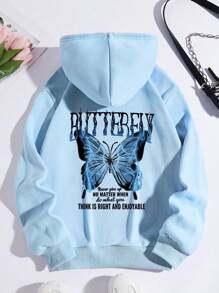 SHEIN LUNE Plus Slogan & Butterfly Print Drawstring Thermal Lined Hoodie, BUTTERELY Never Give Up NO MATTER WHEN Do What You THINK IS RIGHT AND ENJOYABLE, For Winter Graduation,Back To School,Graduation,Teacher For Women,Back To School Pullover Fall Autumn - Baby Blue - View 1