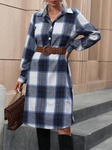 SHEIN LUNE 格紋印花前紐扣襯衫洋裝不附腰帶 - 藏蓝色 - 查看 3