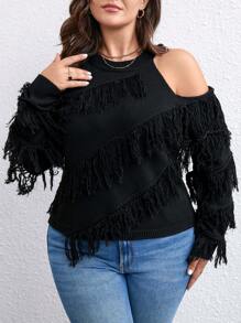 SHEIN LUNE Plus Cold Shoulder Fringe Trim Sweater Knit Pullover Fall Winter Sweater - Black - View 3