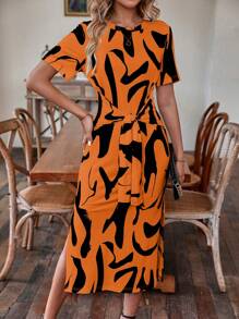 SHEIN LUNE Allover Print Split Thigh Knot Front Dress - Orange - View 4