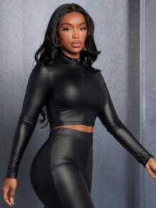 Slaydiva Áo thun da PU dáng ngắn có khóa kéo - màu đen - Xem 2