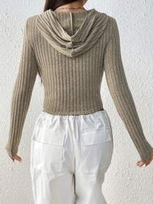 SHEIN EZwear Solid Ribbed Knit Crop Hooded Tee - Coffee Brown - View 2