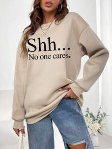 SHEIN EZwear 字母圖案落肩袖運動衫 - 杏色 - 查看 5