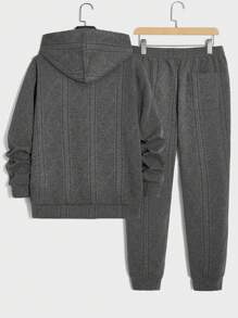 GENTILAND 男士純色拉鍊連帽運動衫和褲子套裝 - 黑色 - 查看 2