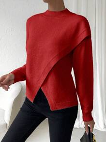 SHEIN LUNE Solid Drop Shoulder Wrap Cross Asymmetrical Hem Sweater - Red - View 7