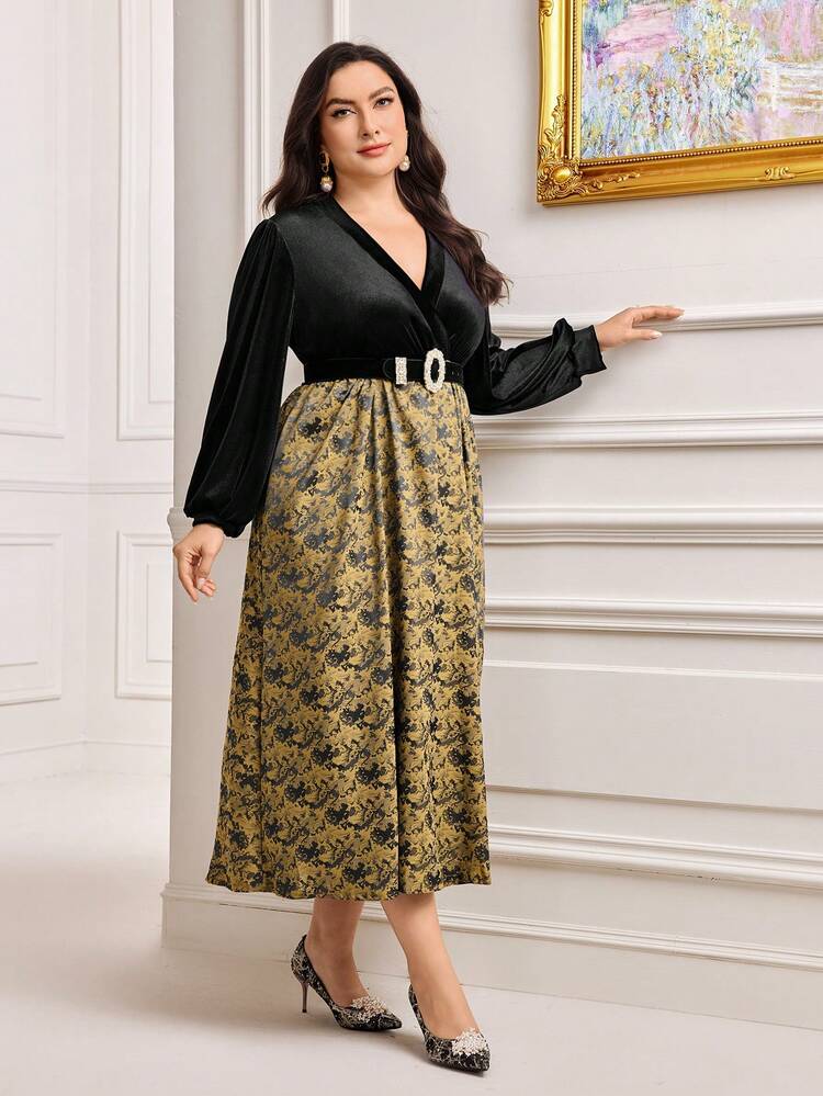 Plus Floral Print Surplice Neck Lantern Sleeve Dress Without Belt