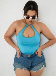 INAWLY Plus Contrast Binding Cut Out Tie Backless Halter Top