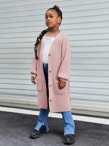 SHEIN Cô gái Tween Thả vai Vá Túi Nút phía trước Áo len Mở - Hồng - Xem 4