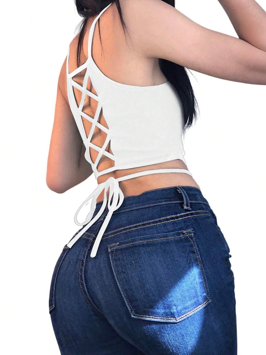 INAWLY 交叉後綁帶短款背心 - 白色 - 查看 1