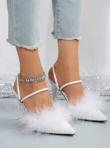 Fall/Winter Plus Size Closed Toe Furry High Heel Sandals, European And American Front Strap Mule Slippers,Sexy,Party