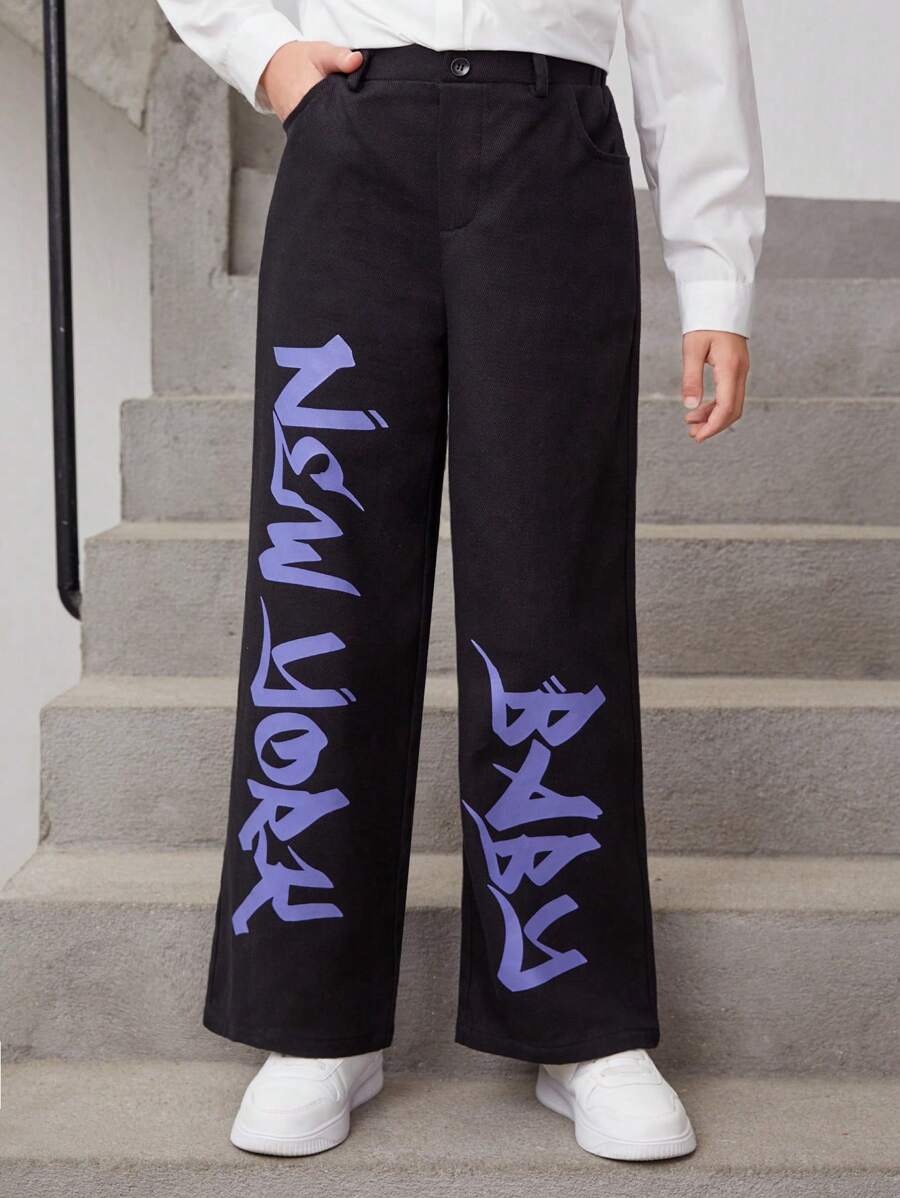 Tween Girl Letter Graphic Wide Leg Pants - Black - View 1