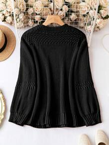 SHEIN LUNE 大碼素色燈籠袖套頭毛衣 - 黑色 - 查看 2