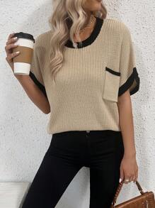 SHEIN LUNE Contrast Trim Batwing Sleeve Pocket Patched Knit Top - Apricot - View 6