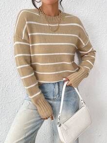 SHEIN Unity 条纹图案落肩针织套头衫秋冬毛衣 - 卡其色 - 查看 4