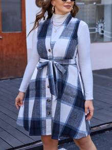 EMERY ROSE Plus Plaid Print Belted Dress Without Tee - Navy Blue - View 1